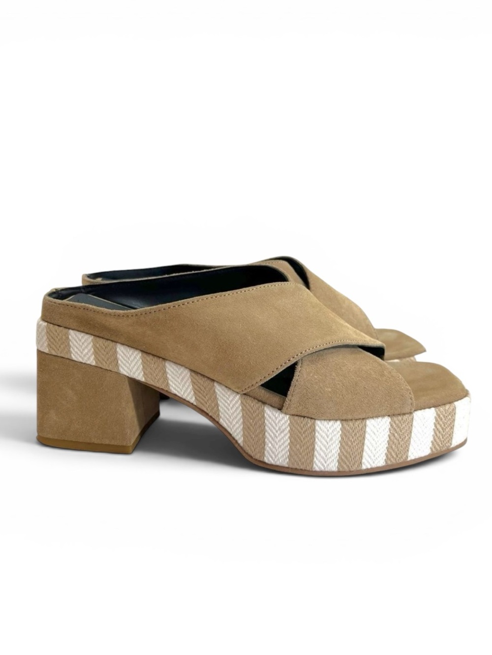Brenda Zaro Square Toe Tan & White Striped Platform Suede Block Heel Sandals